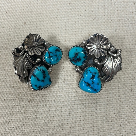 Harry B Yazzie Sterling Silver Flower & Turquoise Earrings